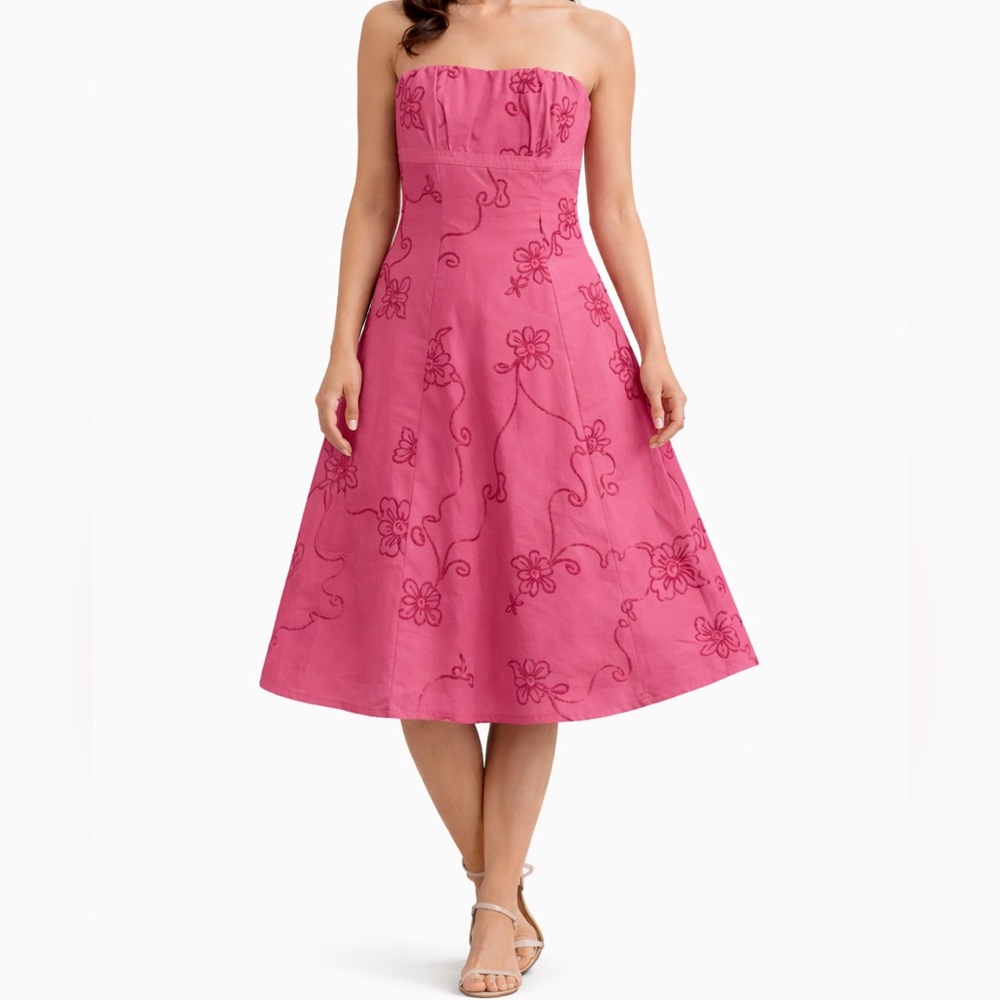 Vintage B. Moss Strapless Pink Floral Embroidered Dress Y2K Cottagecore A-Line